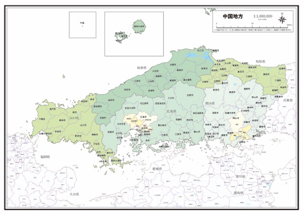 中国地方 市区町村名 河川 湖沼 水域 の白地図 ラクして 楽しい 楽地図