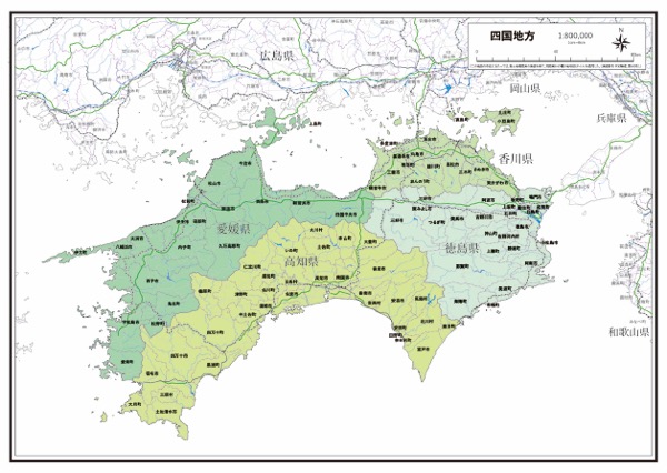 四国地方[道路＋鉄道]の白地図 | ラクして、楽しい、楽地図！